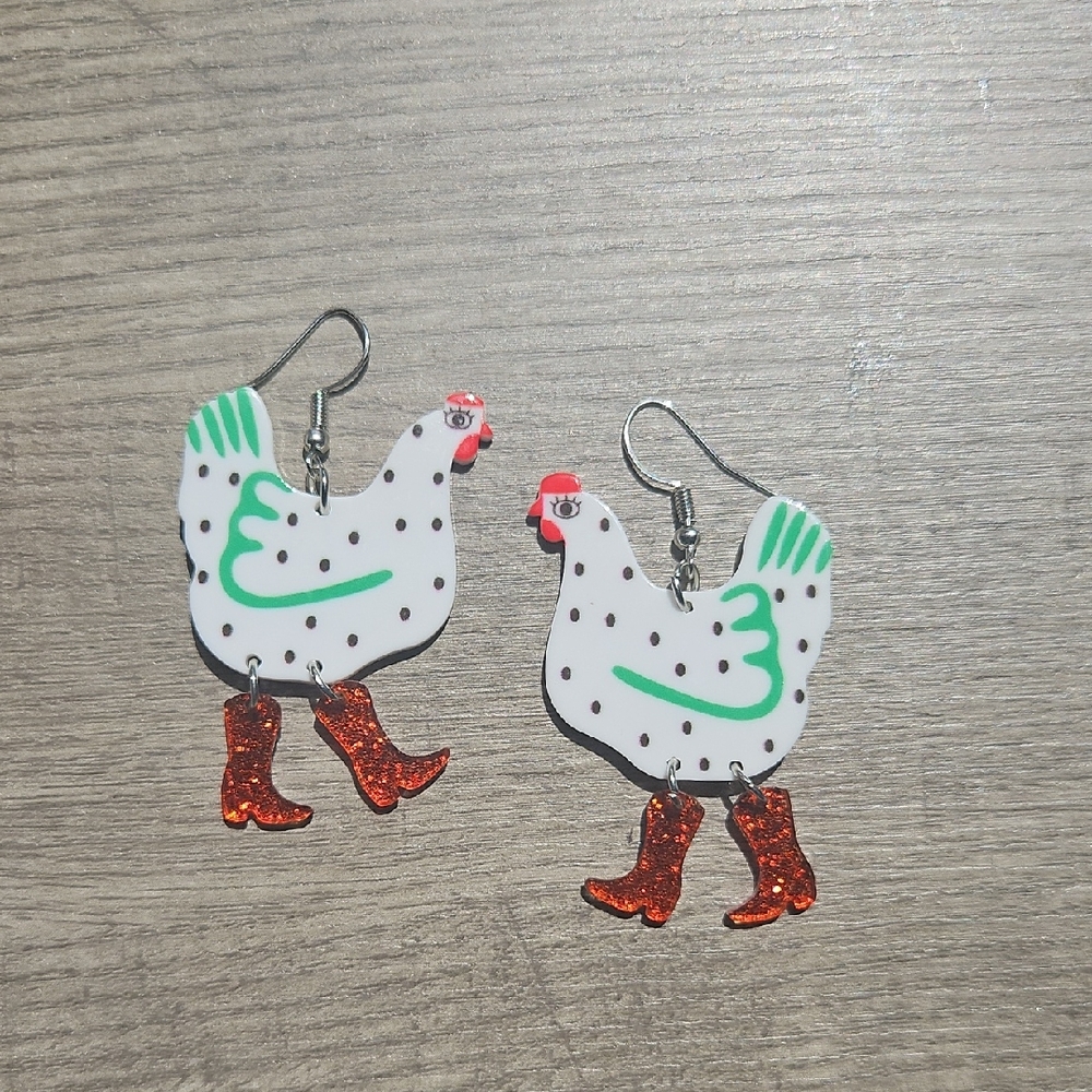 Pigness & Company Quirky Chicken Earrings with Red Glitter Boots